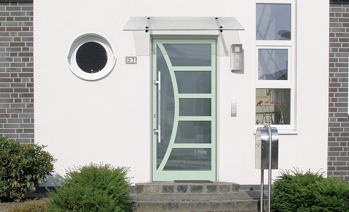 Haustür mit großer Glasfläche und modernen Sprossen / Stegen